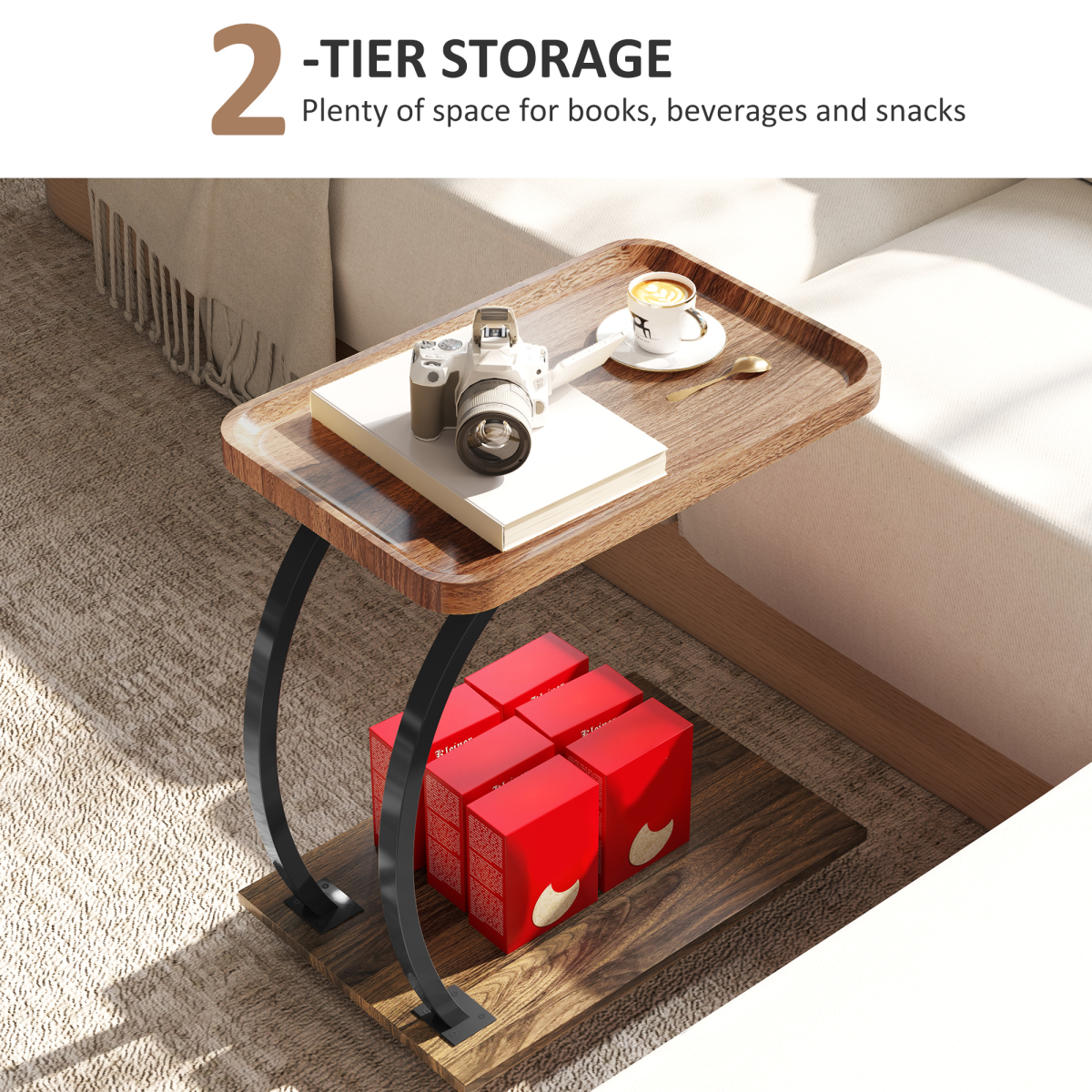 Versatile C-Shaped Side Table with Storage & Wheels for Any Room