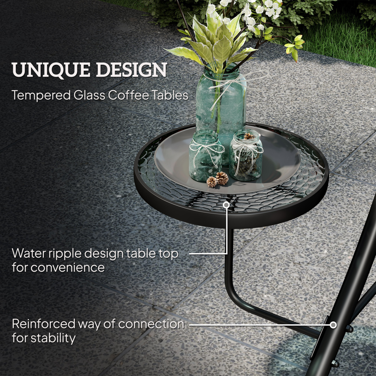 3-Seater Patio Swing Chair with Adjustable Canopy & Glass Tables