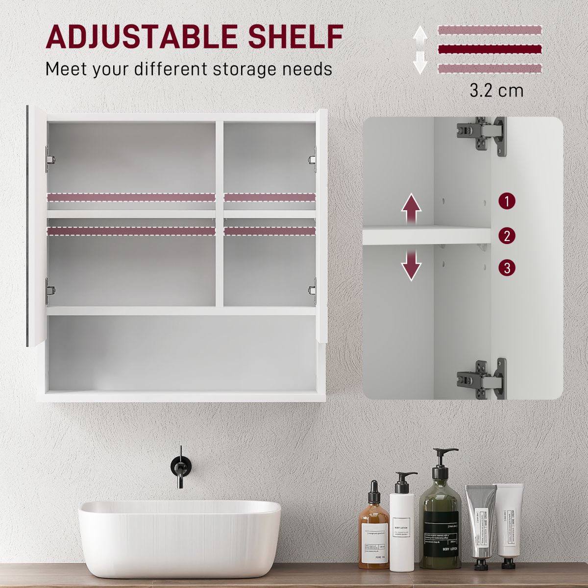 Kleankin White Wall-Mounted Bathroom Storage Cabinet with Mirror & Adjustable Shelves