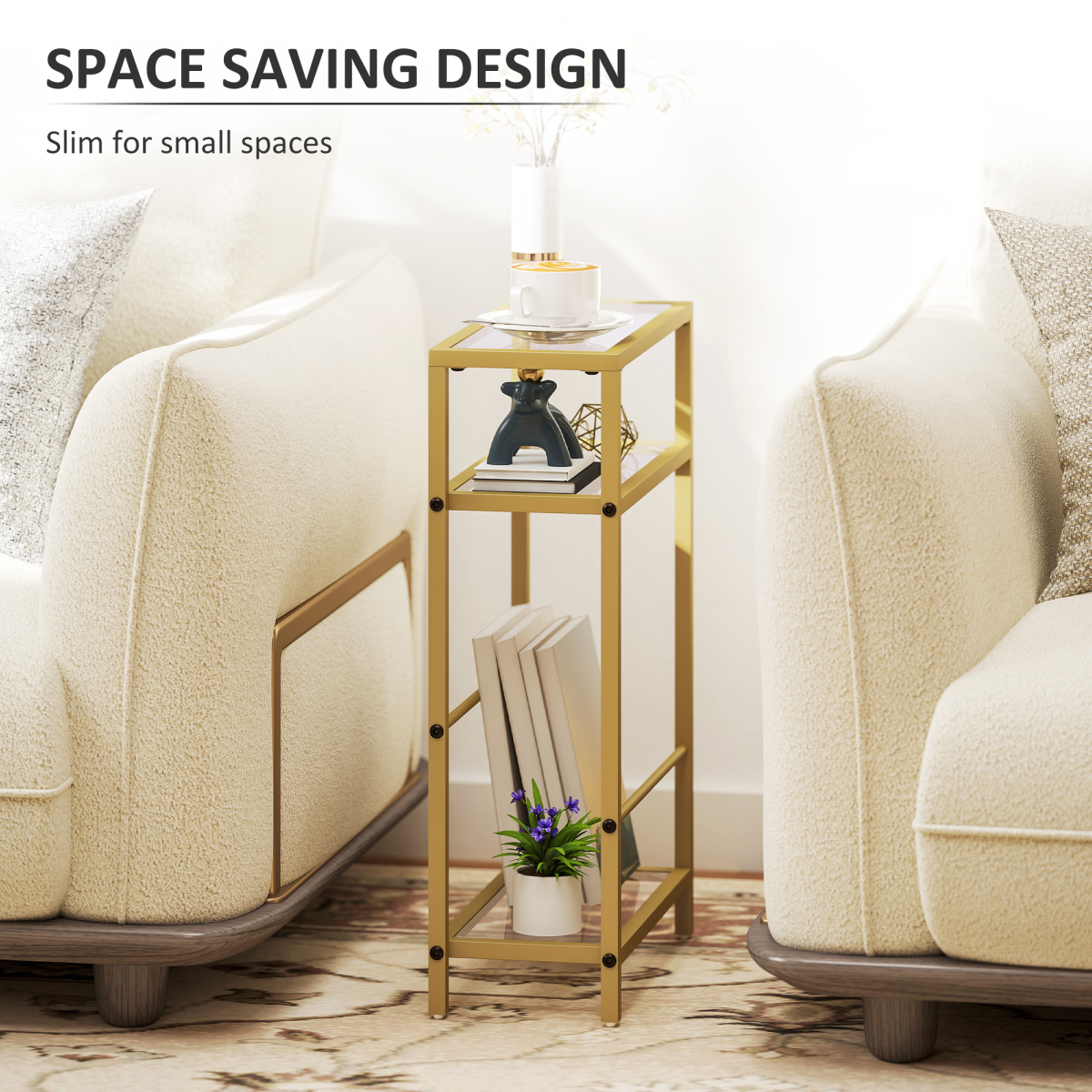 Gold side table between two beige sofas with decorative items on it, text 'Space Saving Design' above.