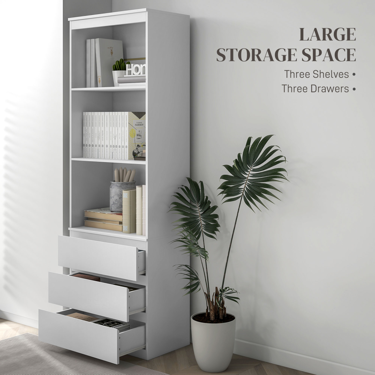 180cm Tall White Bookshelf with Hidden Drawer Storage - Space-Saving Style