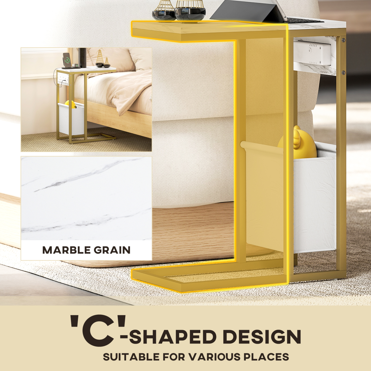 Modern C-Shaped Faux Marble Side Table with Charging Station & Chic Storage