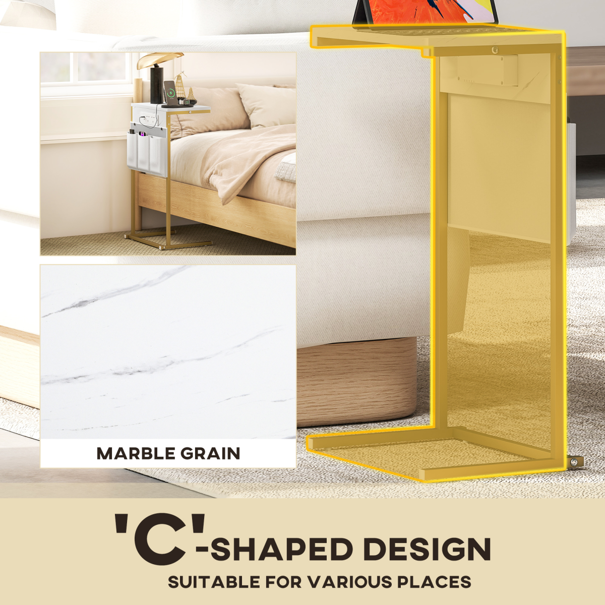 C-Shaped Side Table & Charging Station: Modern Marble Design & Storage