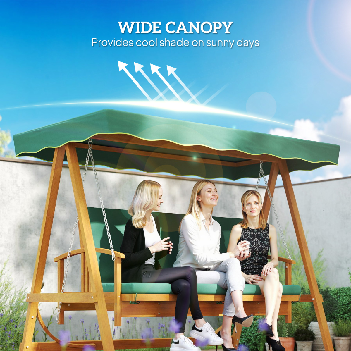 3-Seater Wooden Garden Swing Chair with Cushions & Canopy
