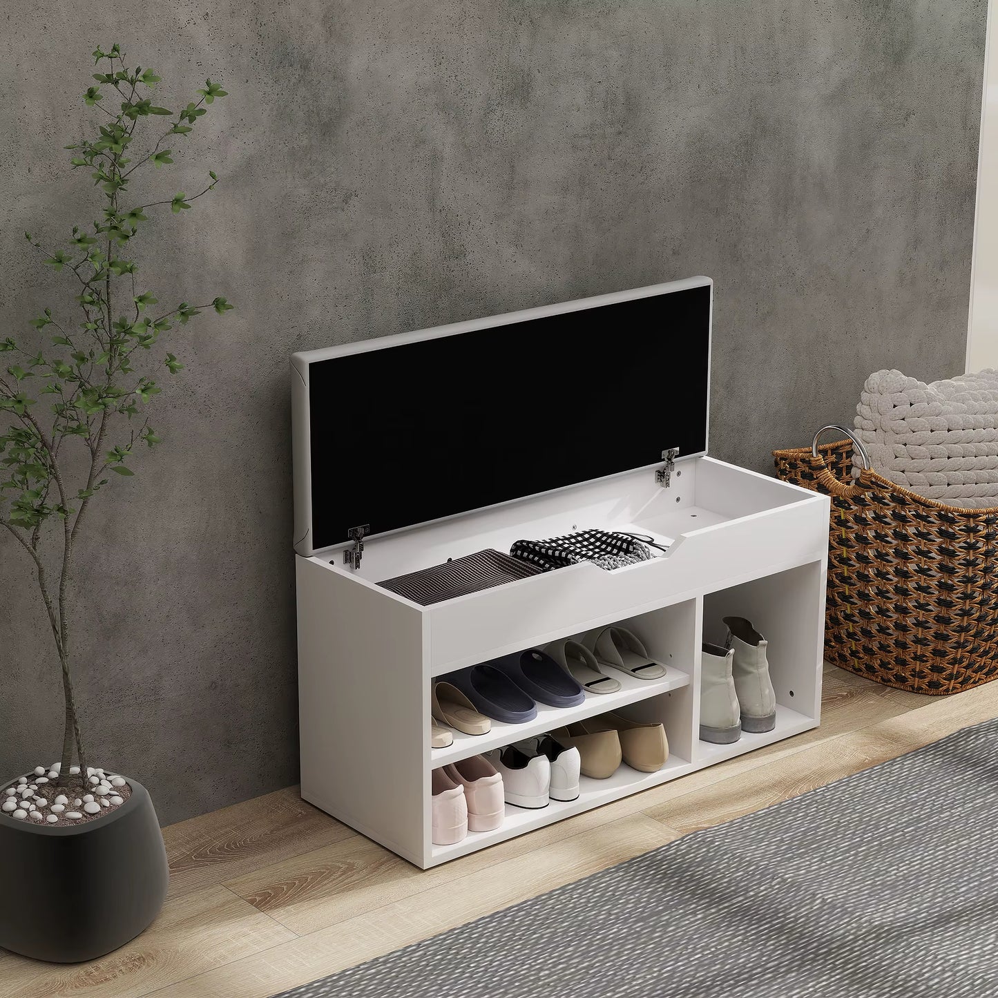 Sit-On Shoe Storage Unit W/ Hidden Compartment Handles Cream