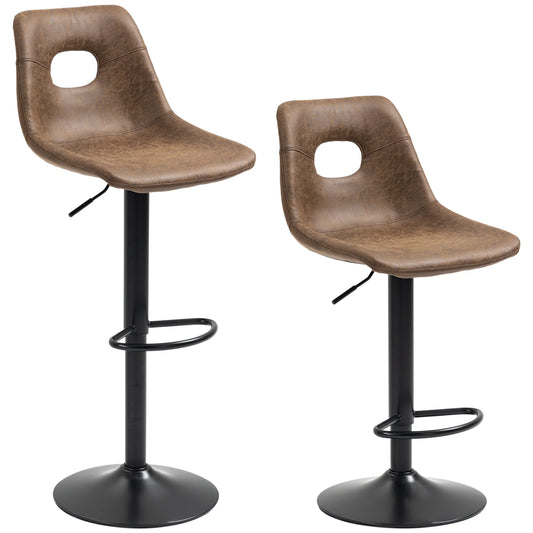 Stylish Set of 2 Adjustable Retro Bar Chairs in Brown Leather with Swivel Design
