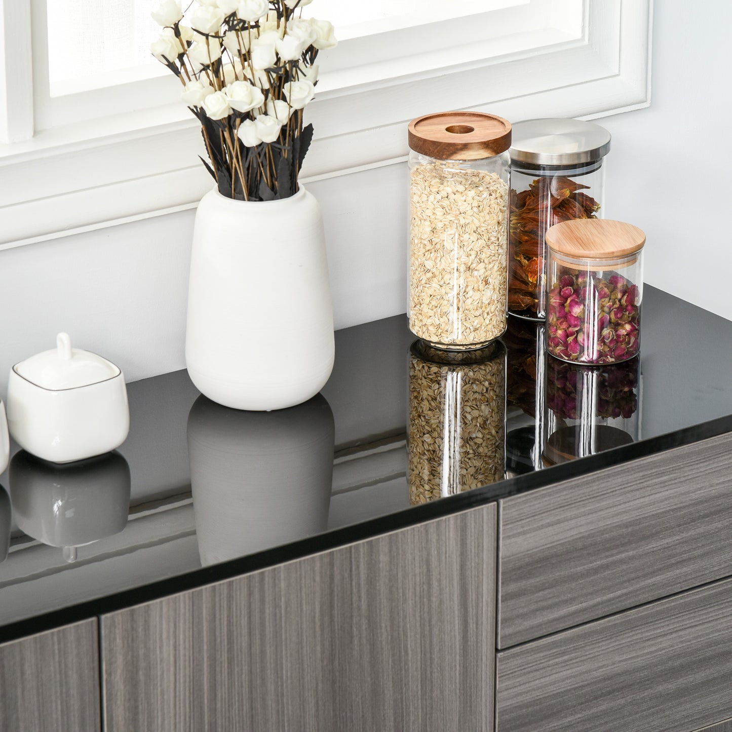 Elegant Dual-Finish Side Cabinet: 2 Doors + 2 Drawers for Stylish Organization