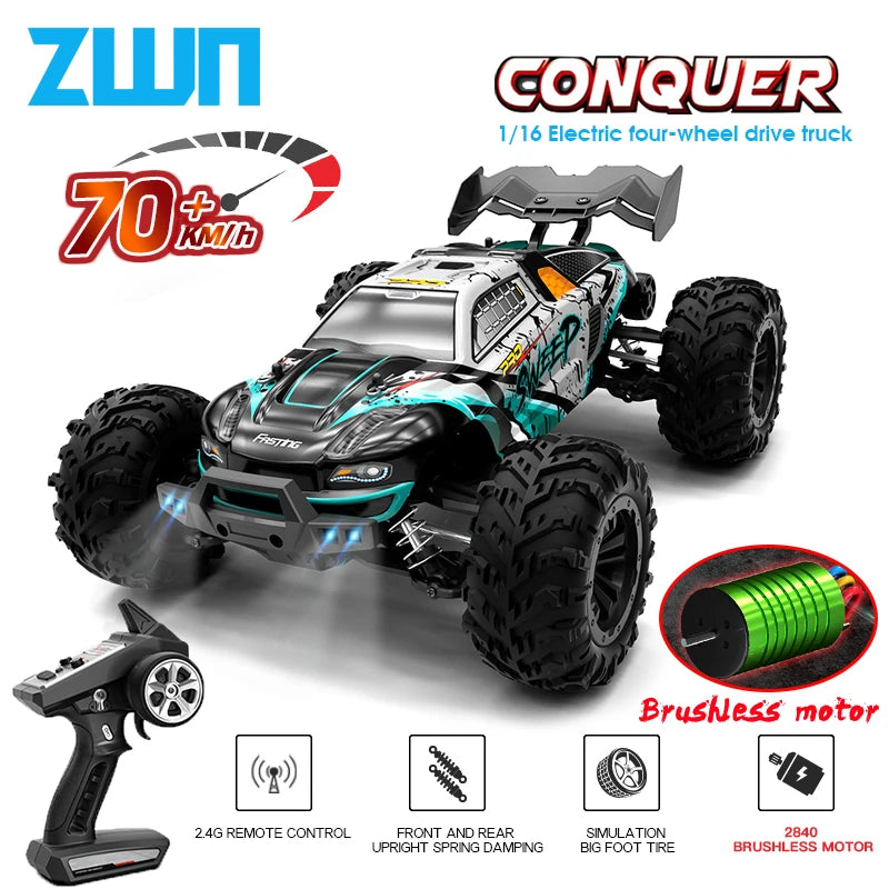 High-Speed 1:16 4WD RC Drift Monster Truck - 70KM/H Remote Control Car with LED for Kids - Wltoys 144001 Compatible