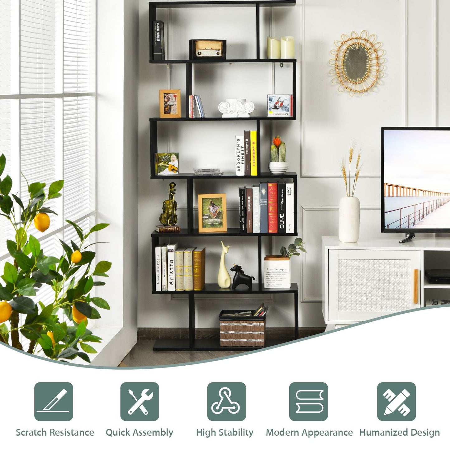 Stylish 6-Tier S-Shaped Wooden Industrial Bookshelf - Perfect for Home or Office Decor