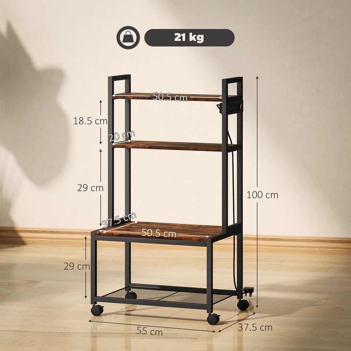 4-Tier Mobile Printer Stand with Outlets & Casters for Home Office