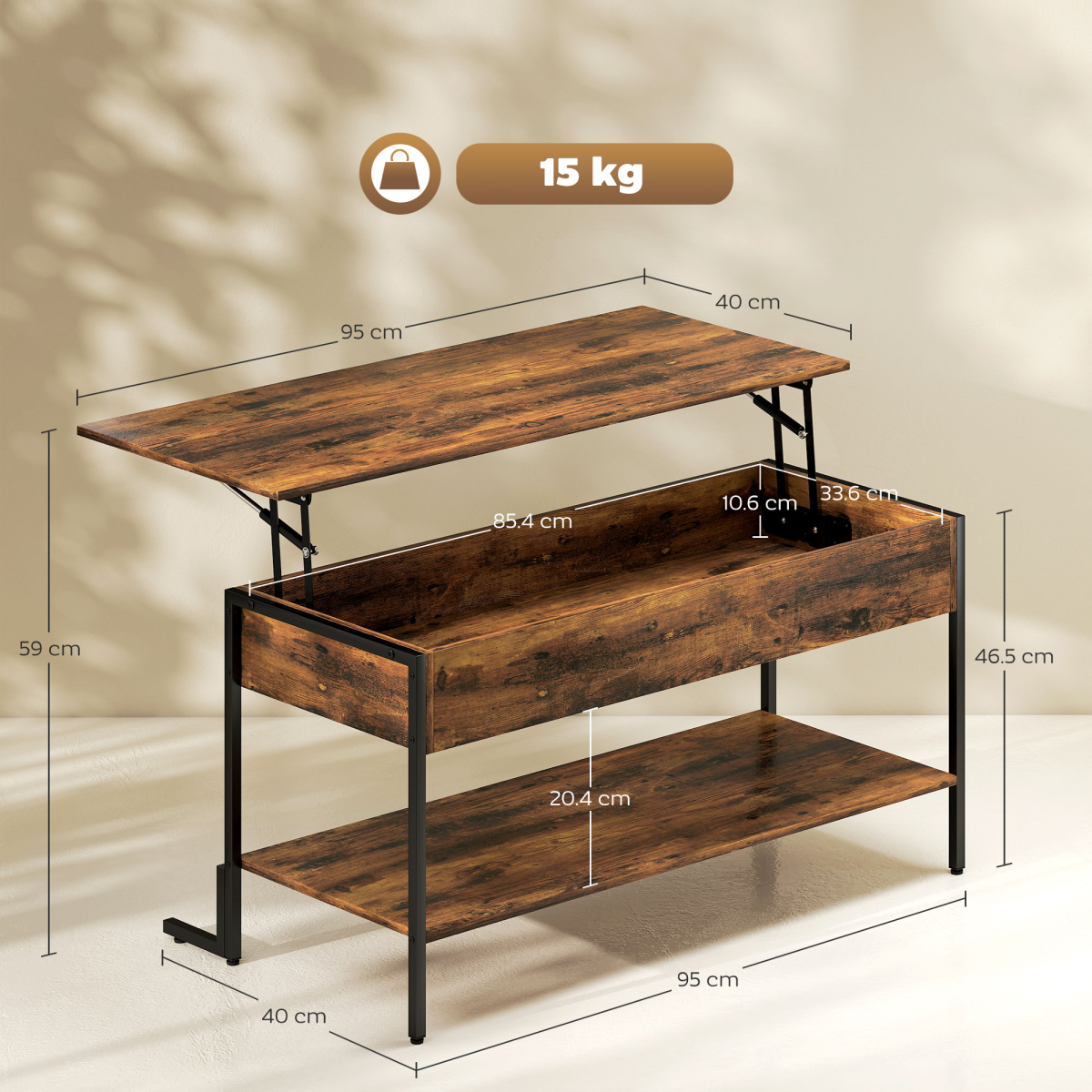 Wooden console table with dimensions and weight capacity on a neutral background