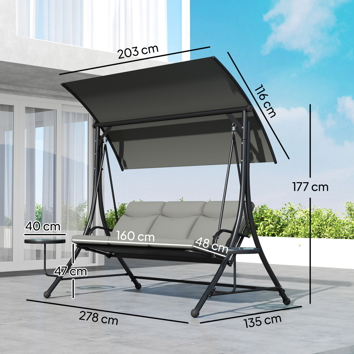 3-Seater Patio Swing Chair with Adjustable Canopy & Glass Tables