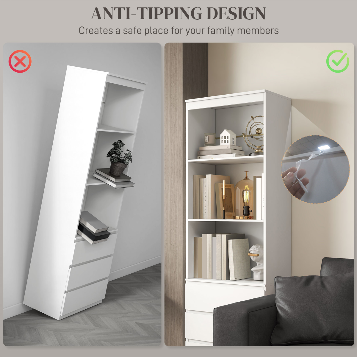 180cm Tall White Bookshelf with Hidden Drawer Storage - Space-Saving Style