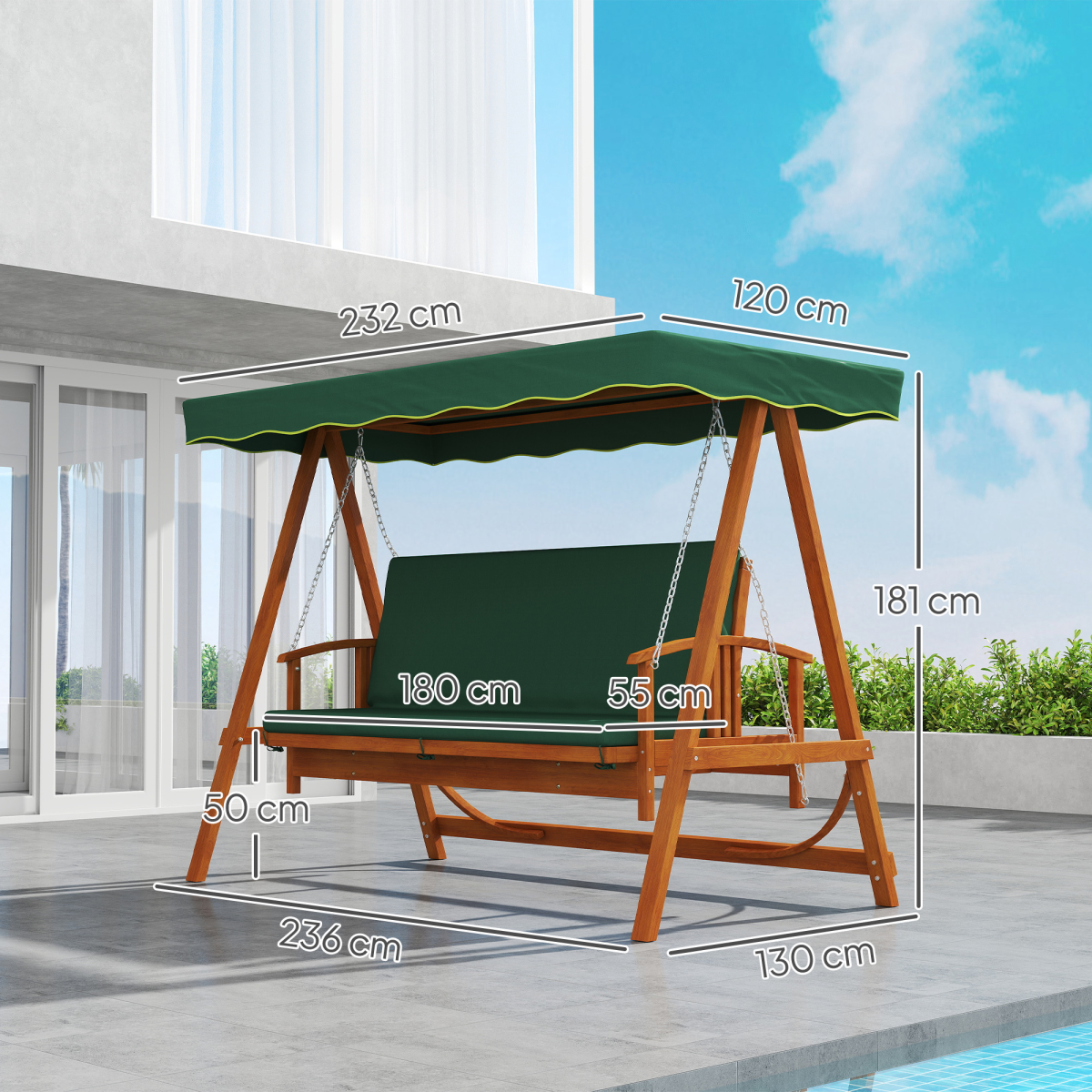 3-Seater Wooden Garden Swing Chair with Cushions & Canopy