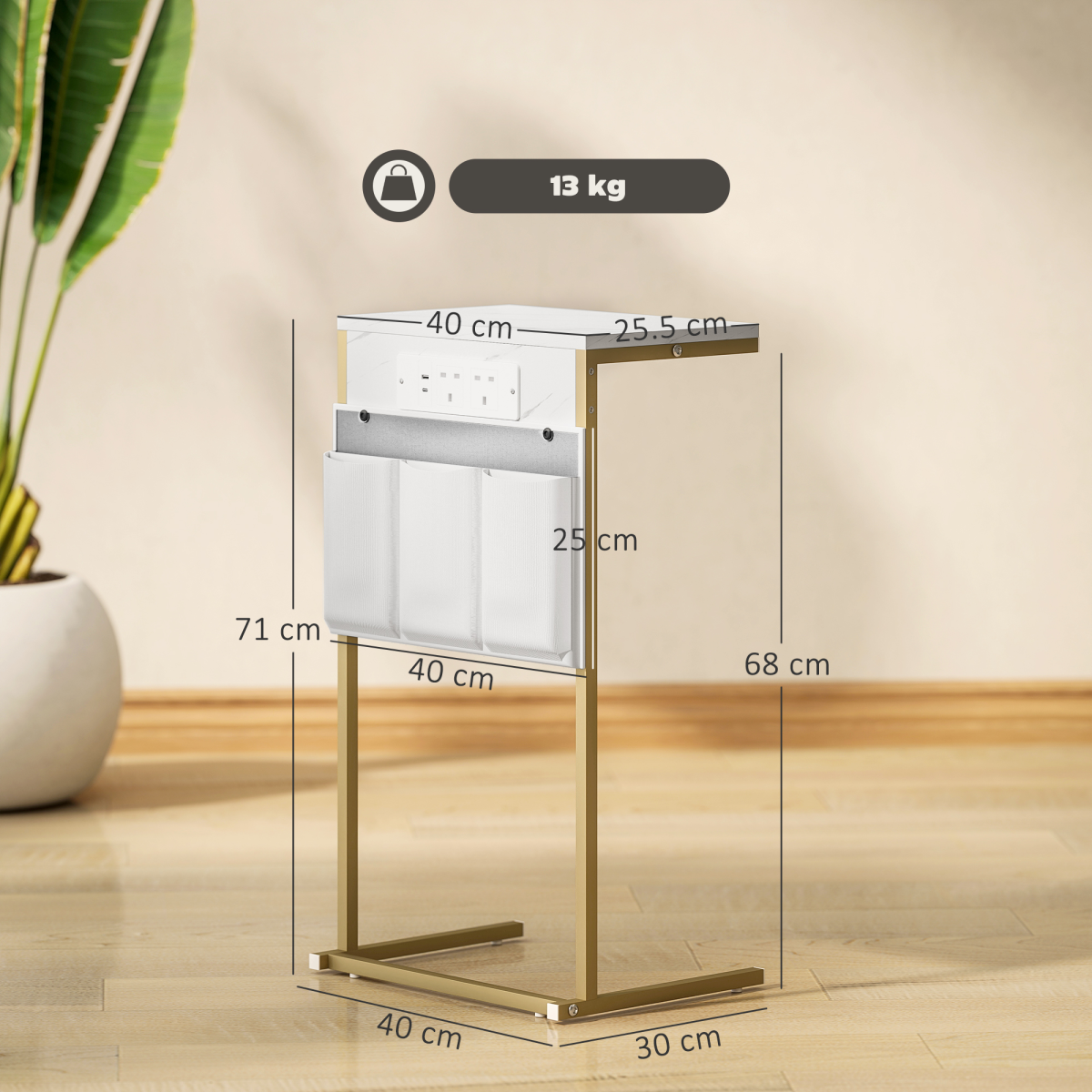 C-Shaped Side Table & Charging Station: Modern Marble Design & Storage
