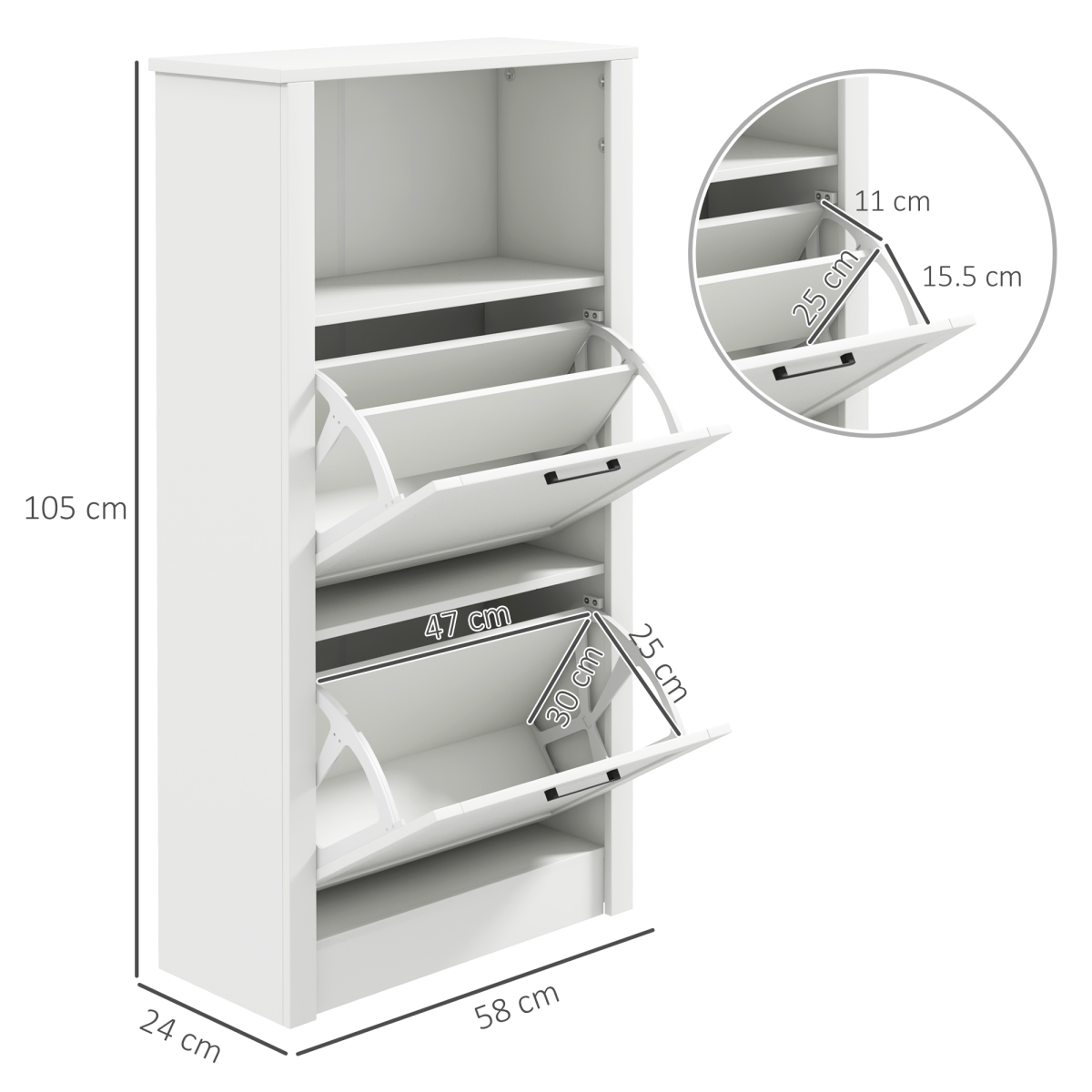 Slim White Shoe Cabinet - 2 Flip Drawers & Adjustable Shelves