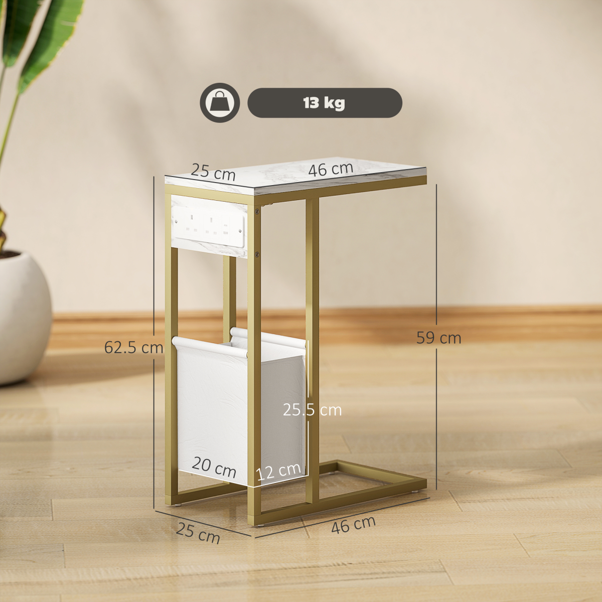 Modern C-Shaped Faux Marble Side Table with Charging Station & Chic Storage