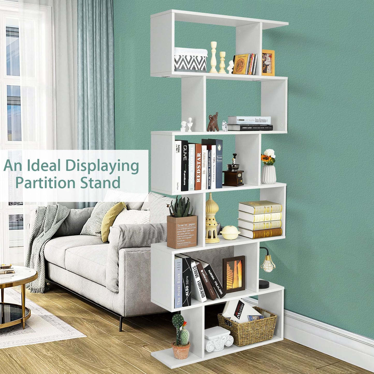 Stylish 6-Tier S-Shaped Wooden Industrial Bookshelf - Perfect for Home or Office Decor