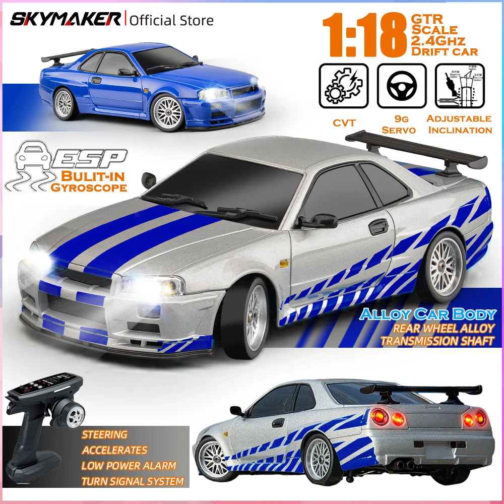 LD1899 1/18 Scale GTR R34 RC Drifting Car - High-Speed Alloy Body with Gyroscope & 2.4GHz RWD Remote Control Racing Vehicle