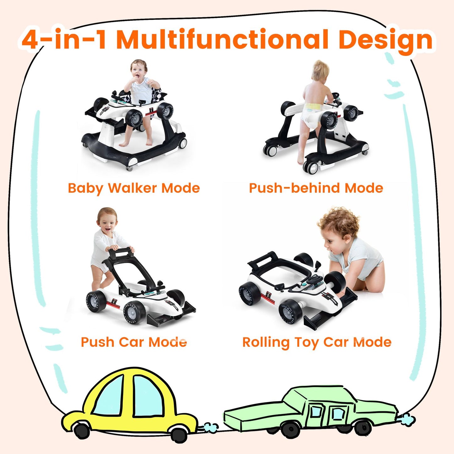 Versatile 4-In-1 Baby Push Walker - Adjustable Height & Speed for Growing Toddlers