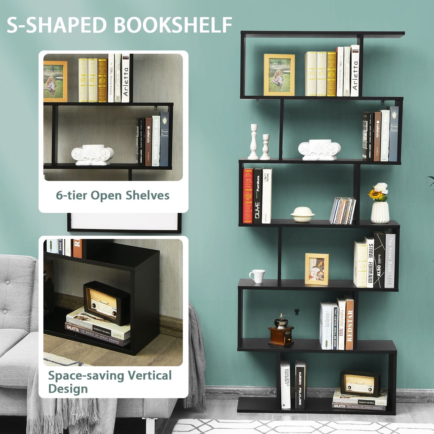 Stylish 6-Tier S-Shaped Wooden Industrial Bookshelf - Perfect for Home or Office Decor