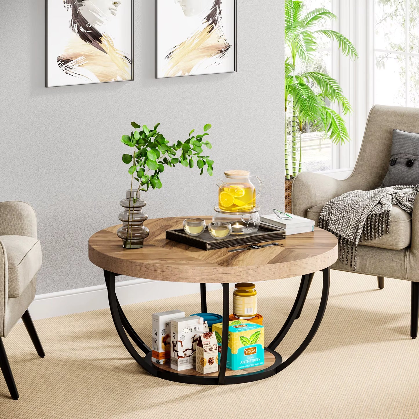 31.7" round Coffee Table, Industrial 2-Tier Circle Coffee Table with Storage Shelves, Modern Wooden Sofa Side Table