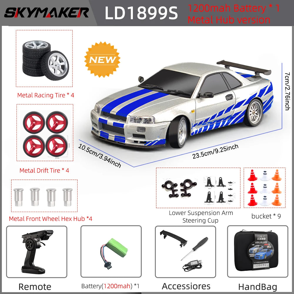 LD1899 1/18 Scale GTR R34 RC Drifting Car - High-Speed Alloy Body with Gyroscope & 2.4GHz RWD Remote Control Racing Vehicle
