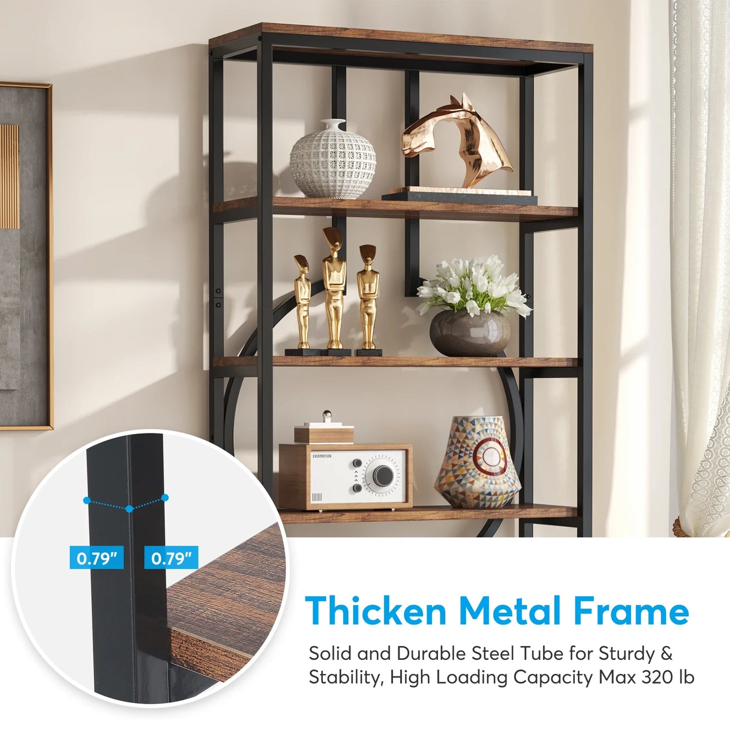 Stylish Industrial Tall Bookshelf - Wood & Metal Open Shelf Storage Unit
