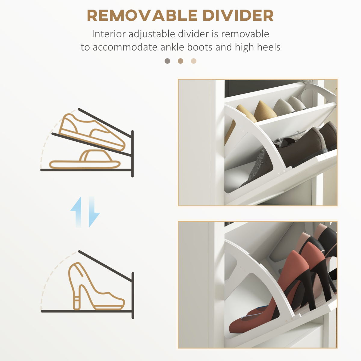 Slim White Shoe Cabinet - 2 Flip Drawers & Adjustable Shelves
