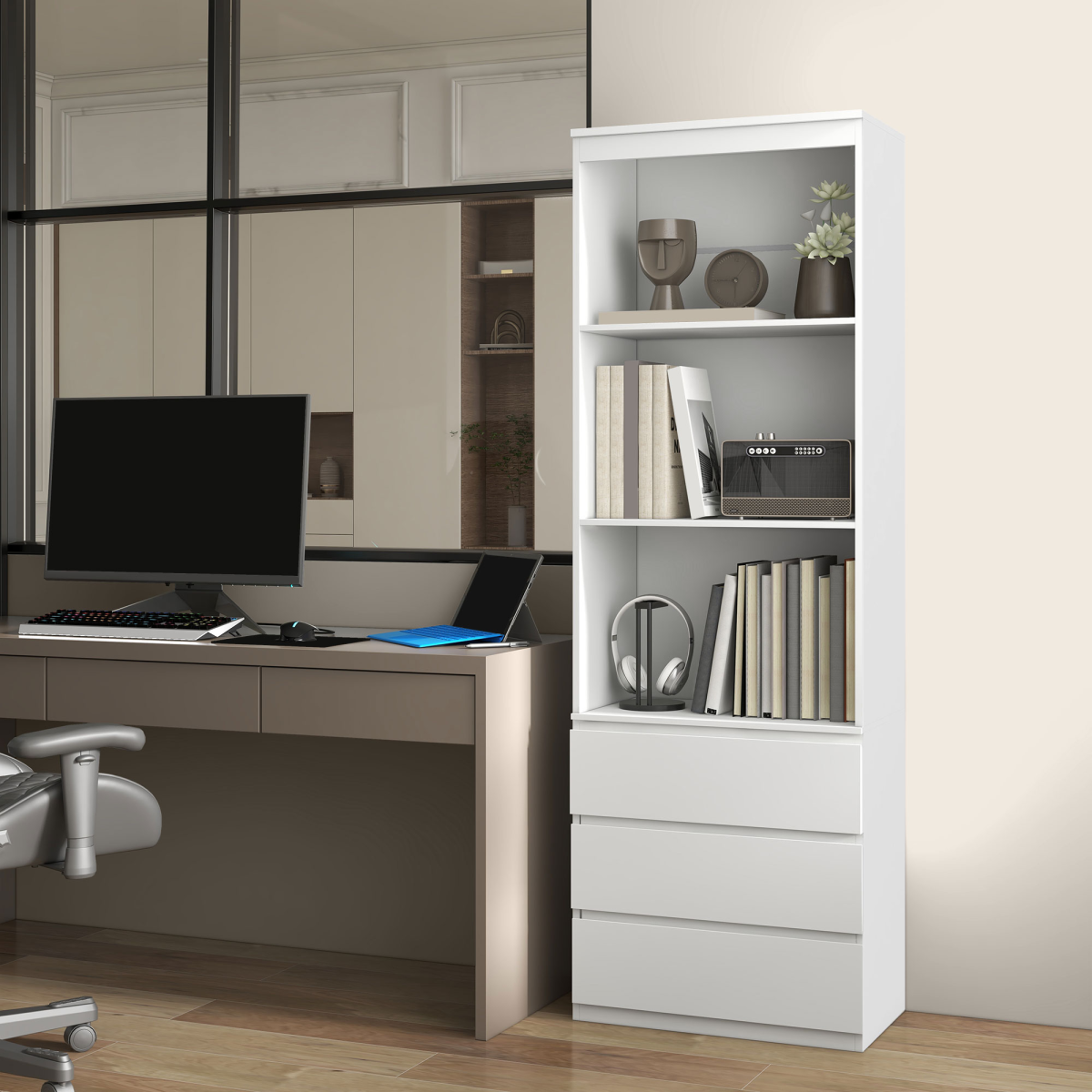 180cm Tall White Bookshelf with Hidden Drawer Storage - Space-Saving Style