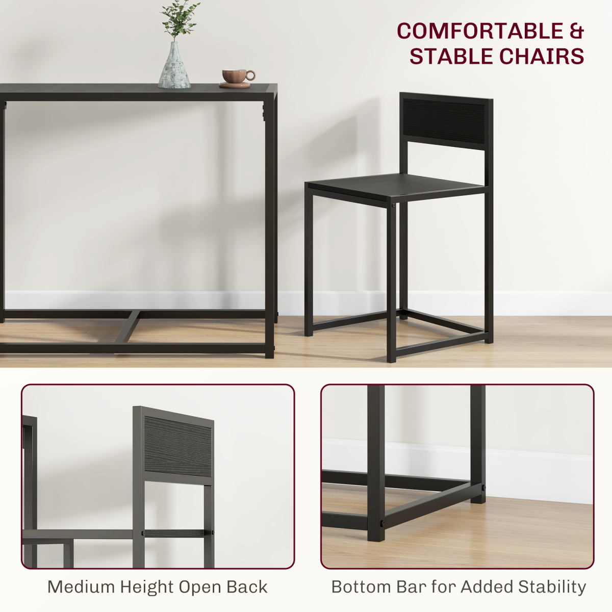 3-Piece Stylish Black Dining Set with Durable Metal Frame