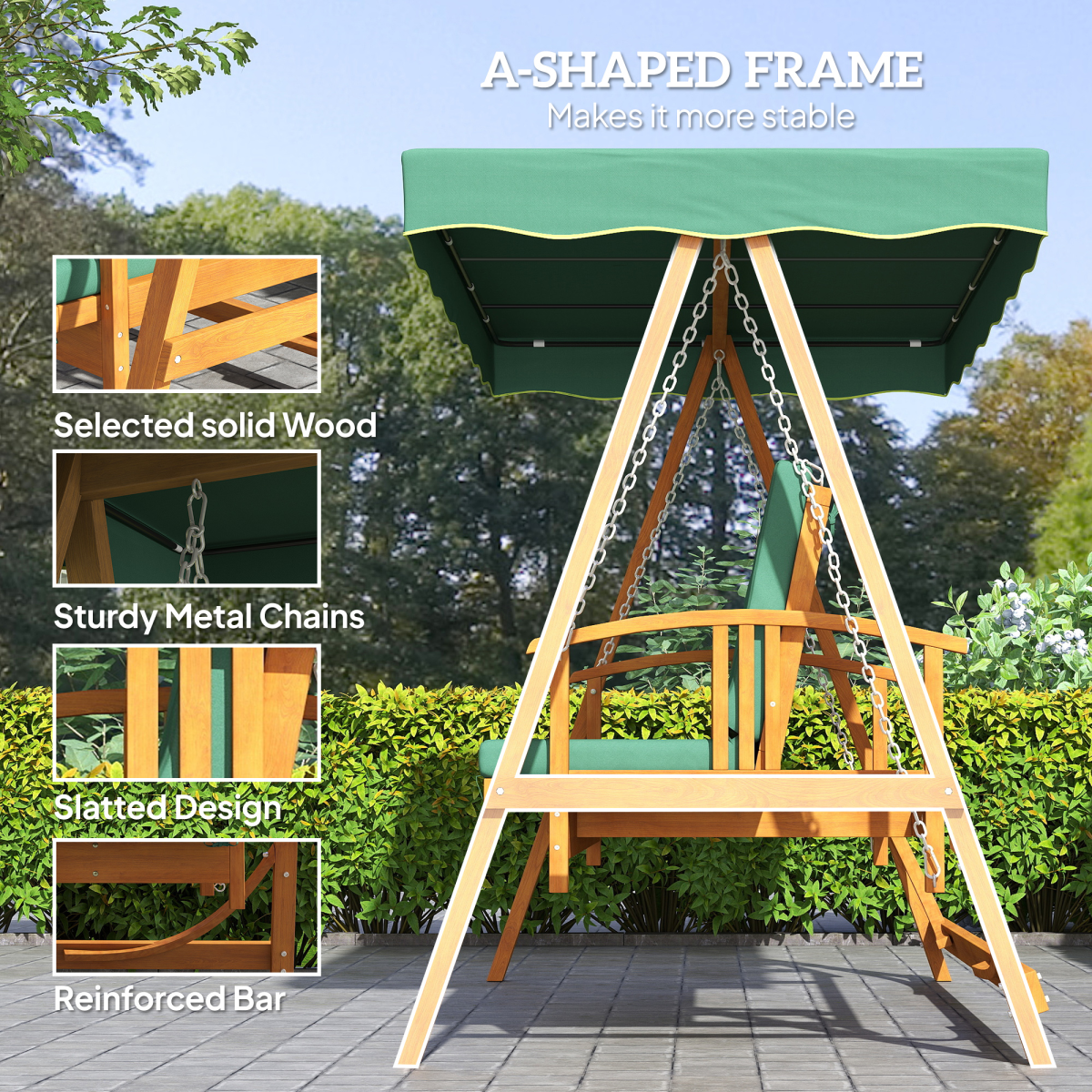3-Seater Wooden Garden Swing Chair with Cushions & Canopy