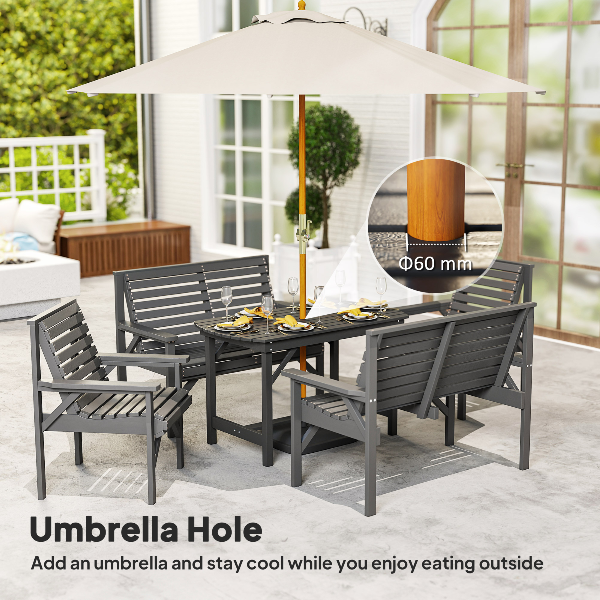 5-Piece Wooden Patio Dining Set with Umbrella Hole - Grey Elegance