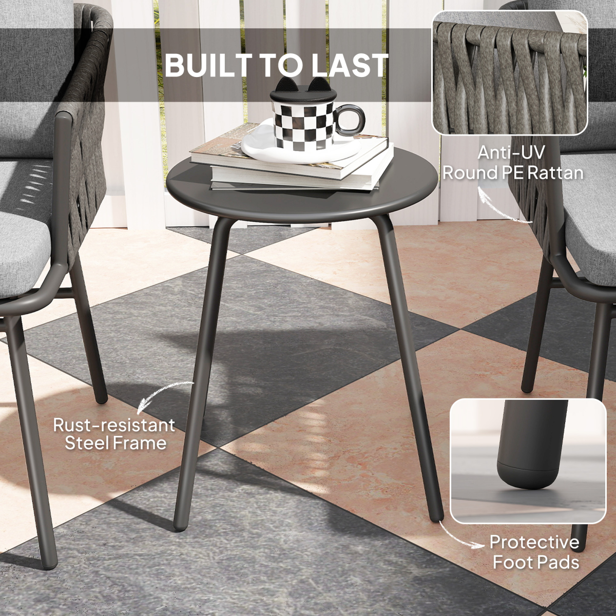 5-Piece Rattan Bistro Set - Stylish Outdoor Table & Cushions in Grey