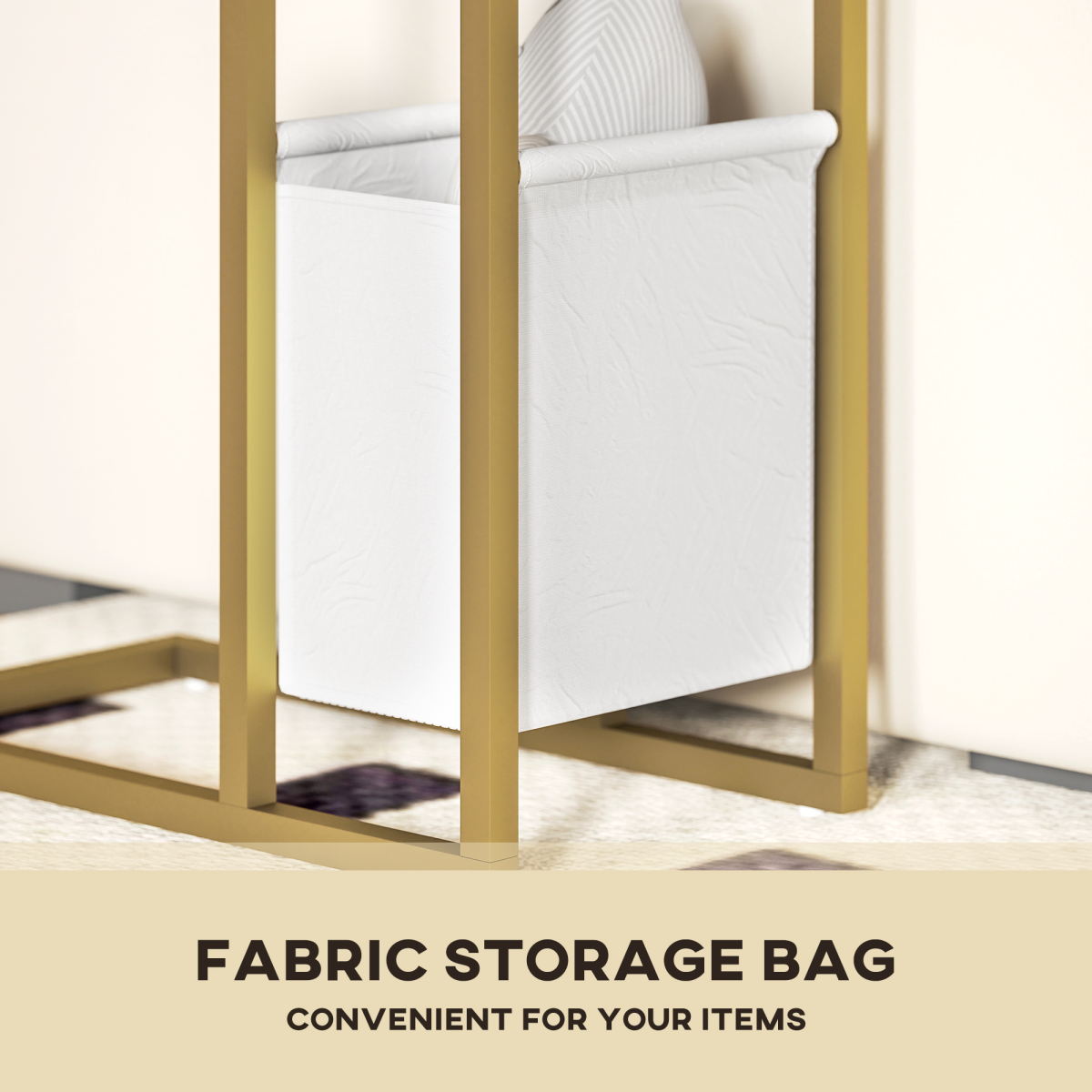 Fabric storage bag with gold frame on a neutral background