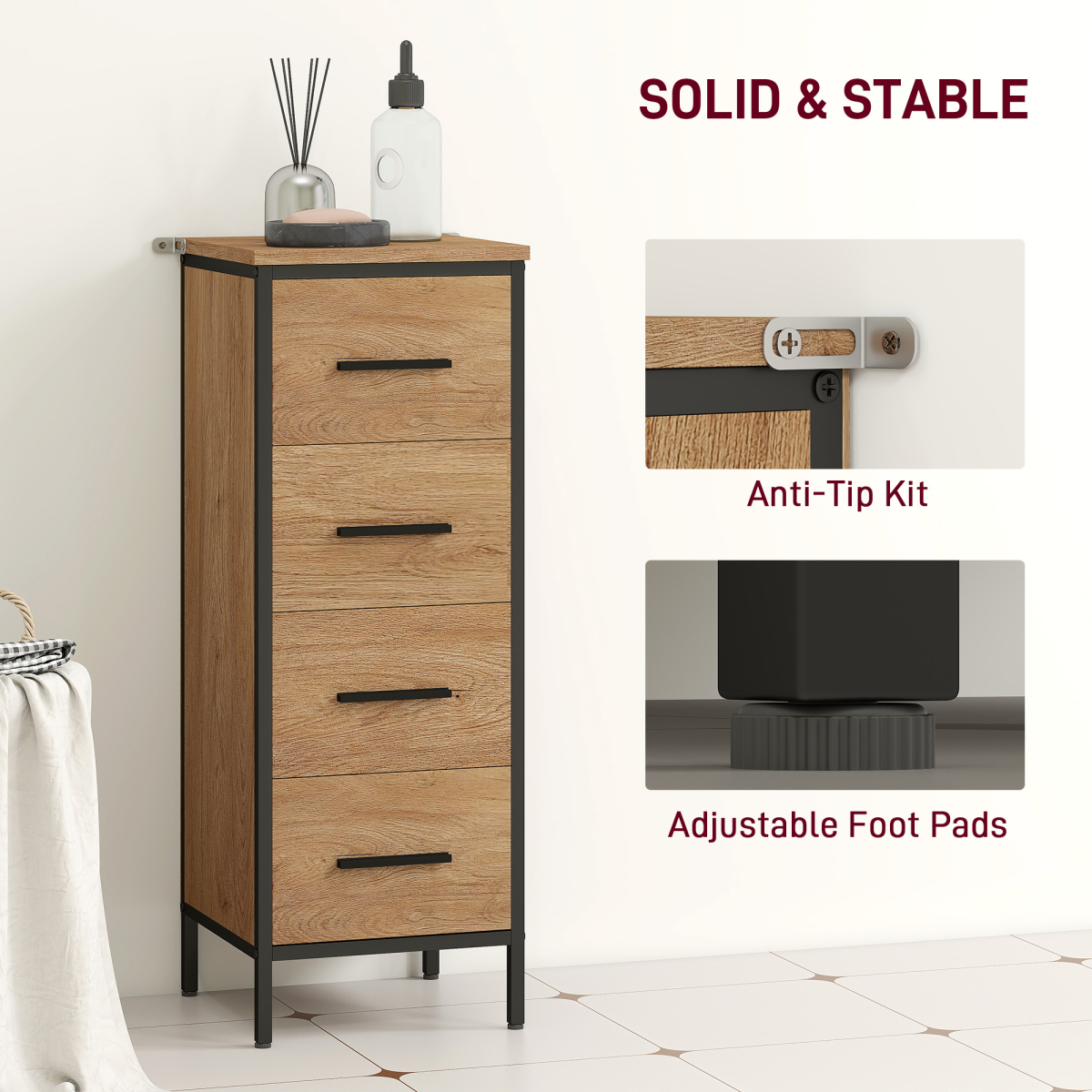 Slim Oak Bathroom Storage Cabinet with 4 Drawers – Space-Saving Solution!
