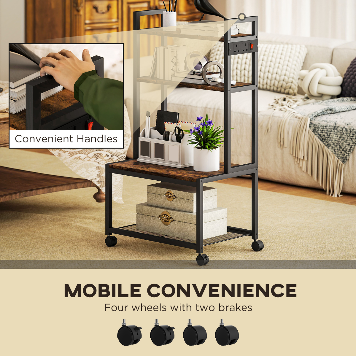 4-Tier Mobile Printer Stand with Outlets & Casters for Home Office