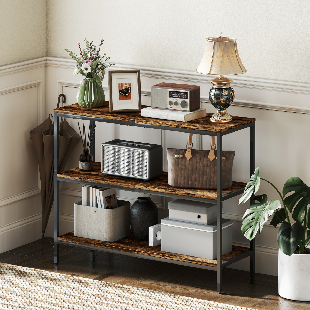 Rustic Industrial 3-Tier Console Table - Stylish Storage Solution