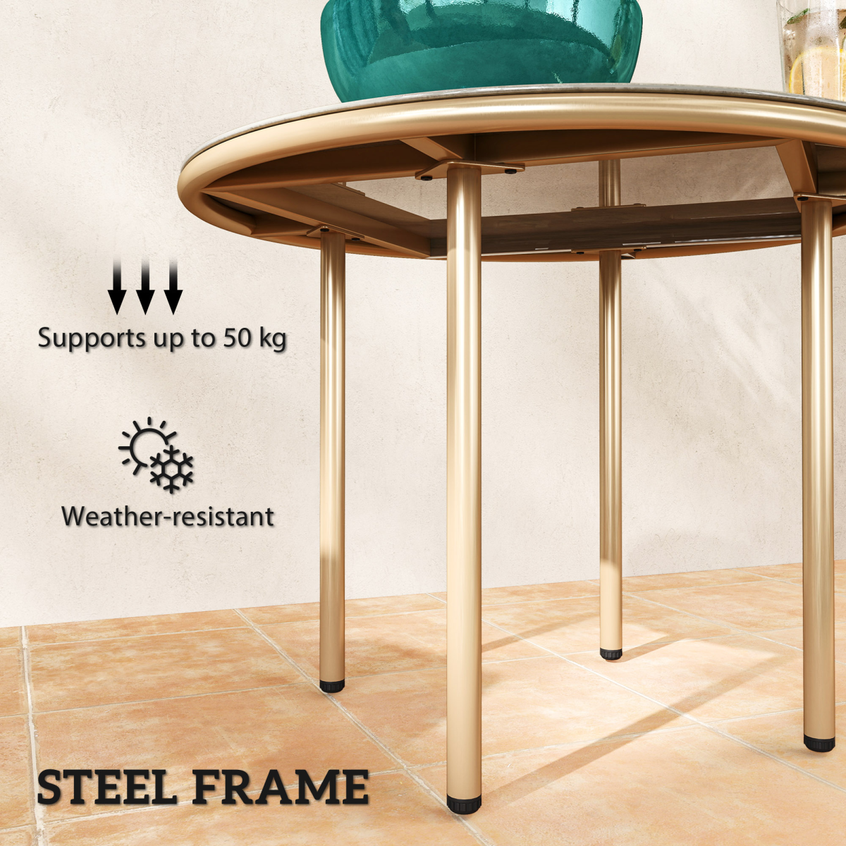 Chic Round Table with Elegant Faux Marble Glass Top - Beige