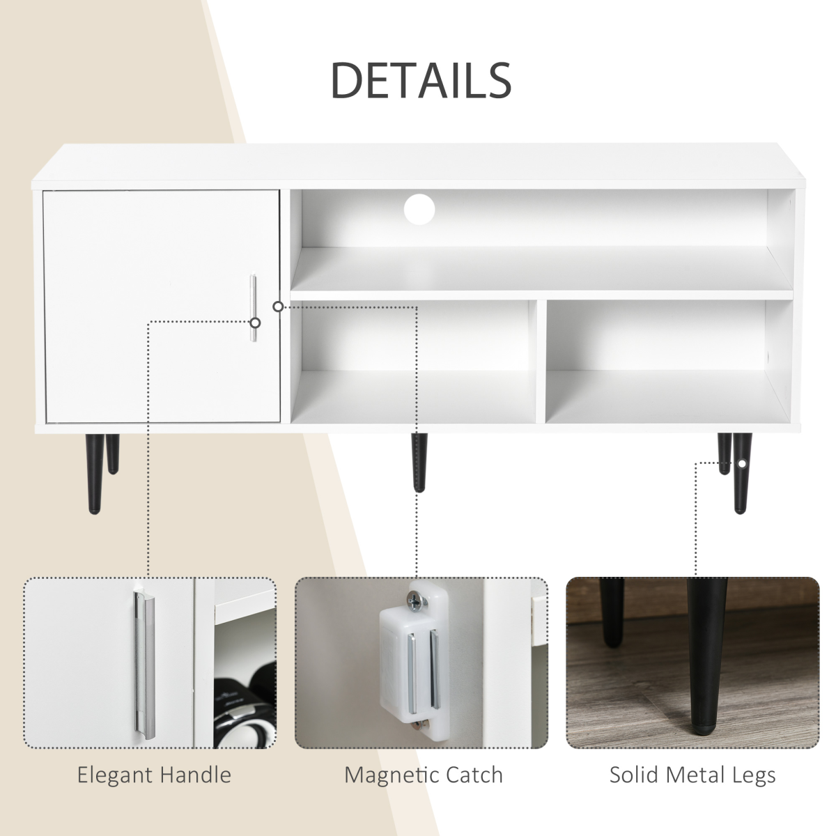 Sleek White TV Stand with Storage, Cable Management & Modern Design