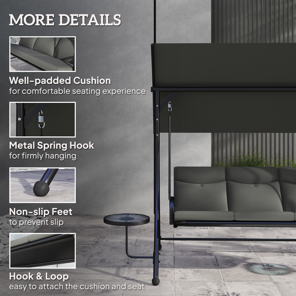 3-Seater Patio Swing Chair with Adjustable Canopy & Glass Tables