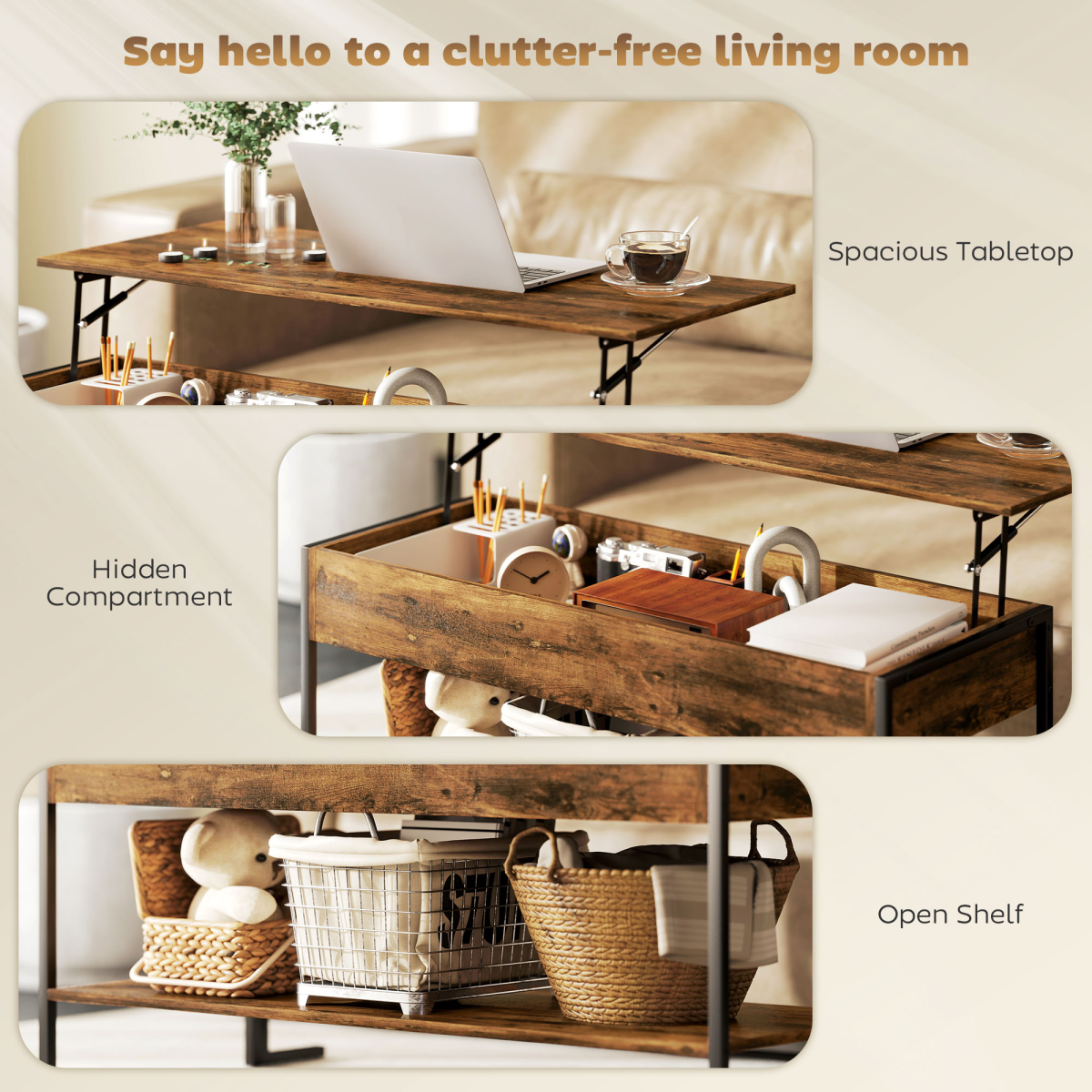 Versatile Rustic Lift Top Coffee Table with Ample Storage & Adjustable Feet