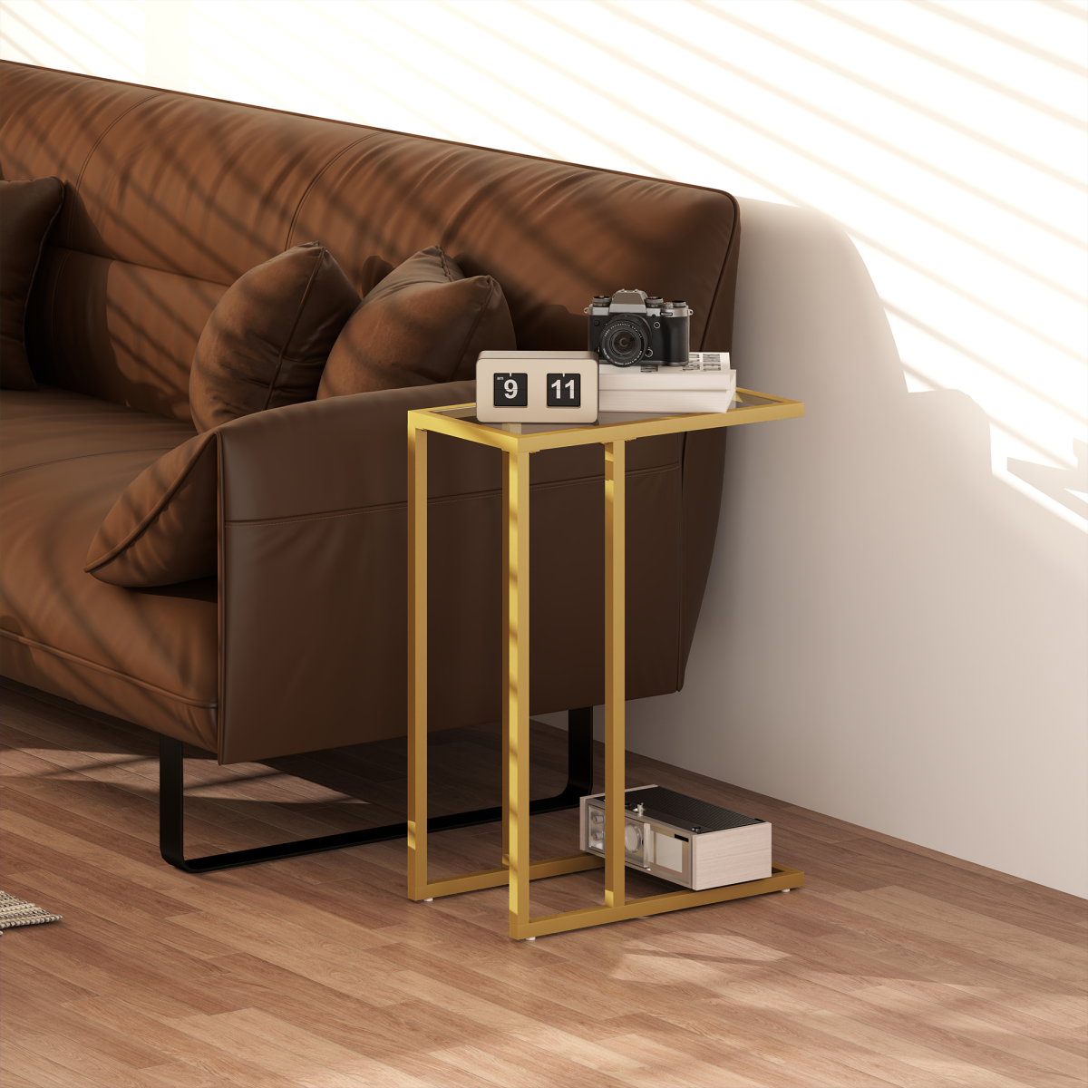 Elegant C-Shaped Glass Side Table - Stylish Gold Steel Frame