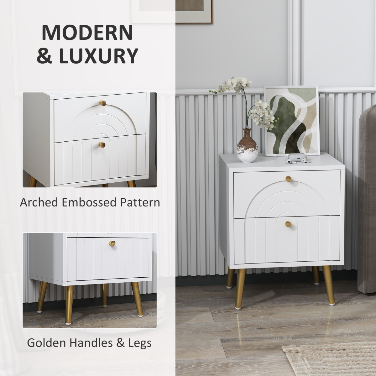 Elegant 2-Piece White Nightstand Set with 2 Drawers & Gold Accents