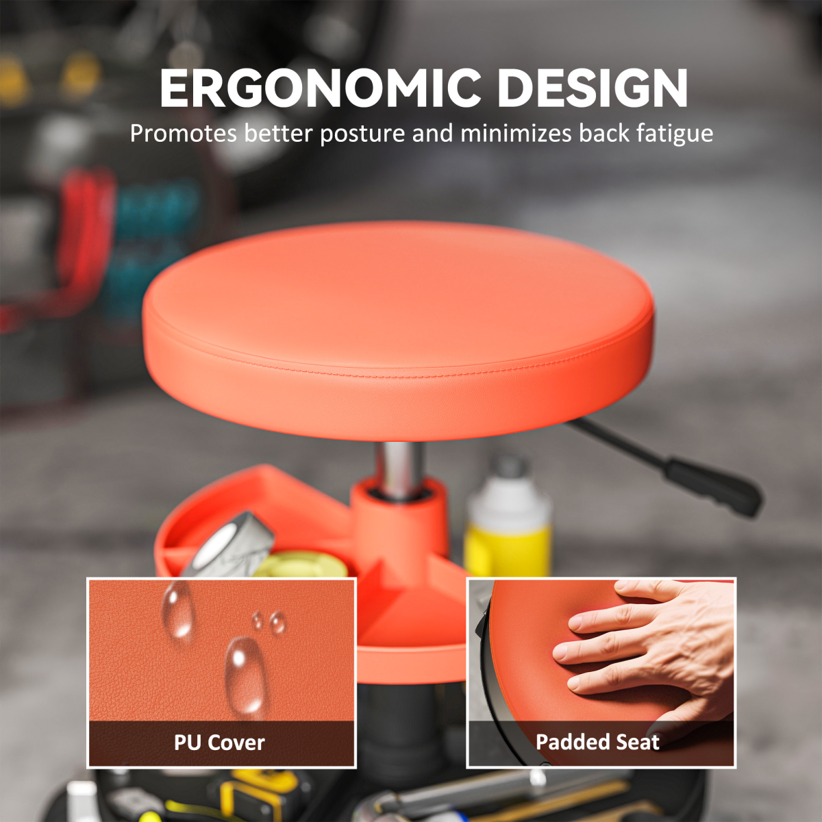 Ergonomic stool with PU cover and padded seat, promoting better posture.