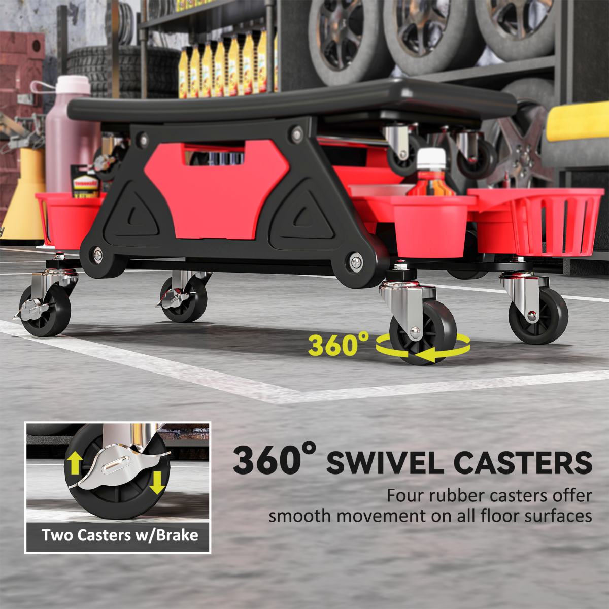 Heavy-Duty Rolling Mechanic Stool with Storage - 135kg, Red