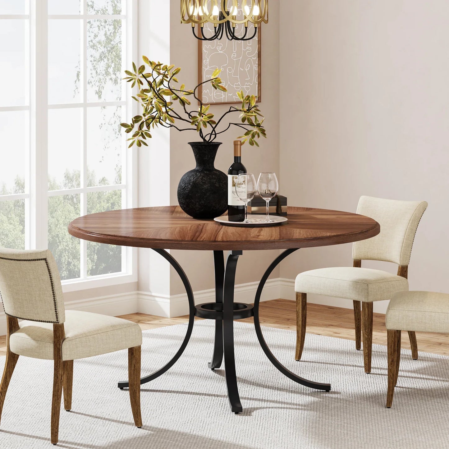 47" round Dining Table for 4 People, Farmhouse Kitchen Table with Wooden Texture Surface & Pedestal Base, round Table