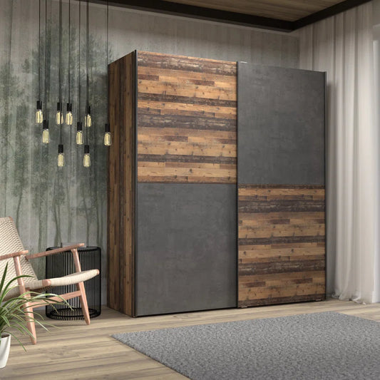 Double Sliding Door Wardrobe with Oak and Concrete Finish, 170,3 Cm W X 190,5 Cm H X 61,2 Cm D