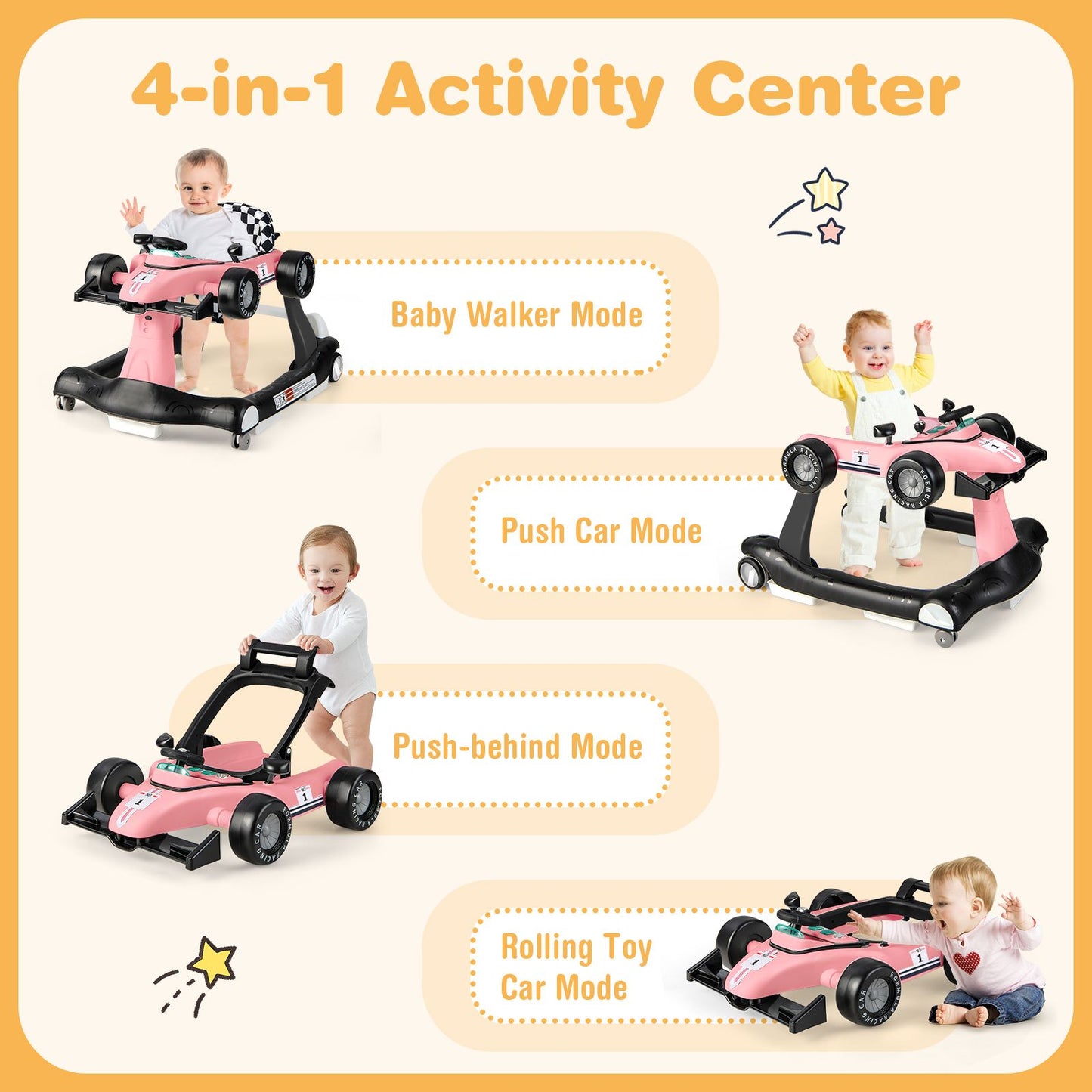 Versatile 4-In-1 Baby Push Walker - Adjustable Height & Speed for Growing Toddlers