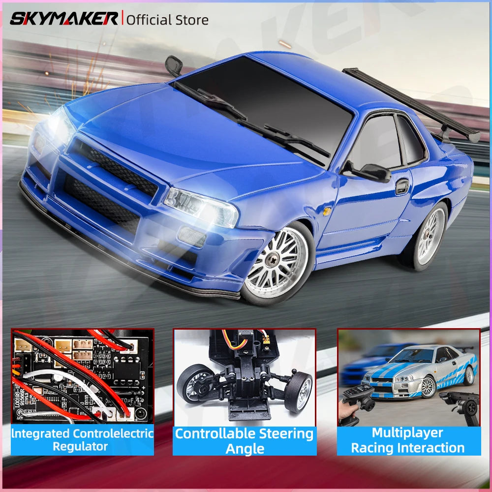 LD1899 1/18 Scale GTR R34 RC Drifting Car - High-Speed Alloy Body with Gyroscope & 2.4GHz RWD Remote Control Racing Vehicle